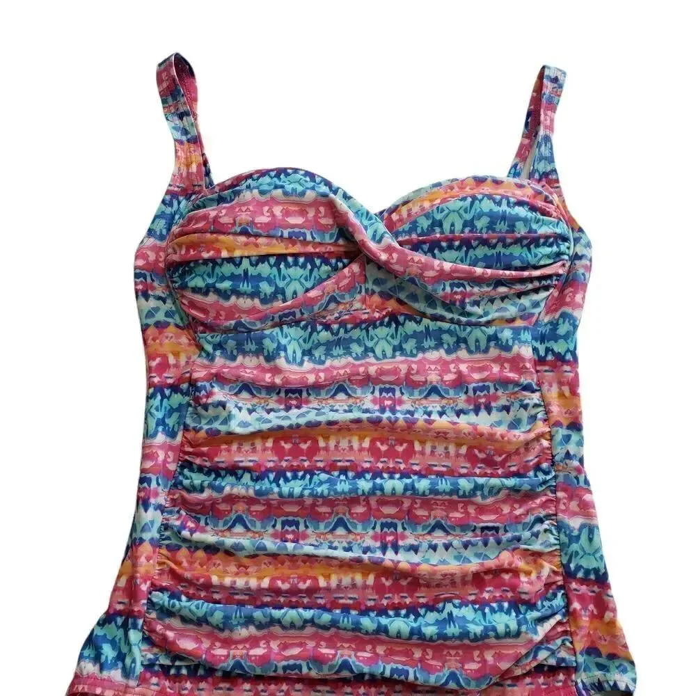 Emerald Bay Multicolored Twist-Front Side Ruched One Piece Swimsuit Size 12